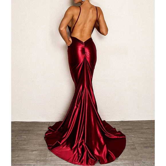 Red Plunge Open Back Mermaid Evening Satin Dress - Picture 2 of 8